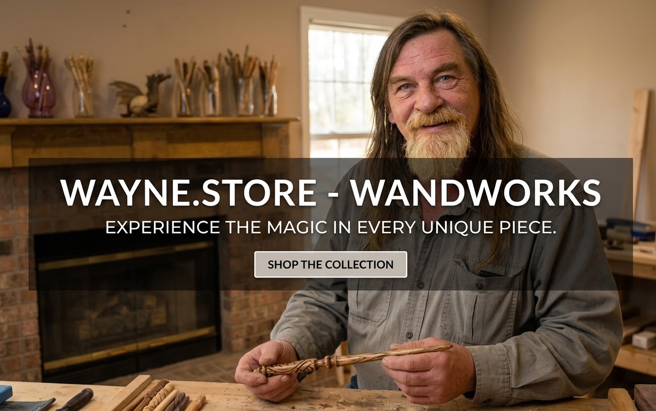About Wayne Crandall — Wayne crafting handmade wands and woodwork with a quote about simple tastes and quality work.